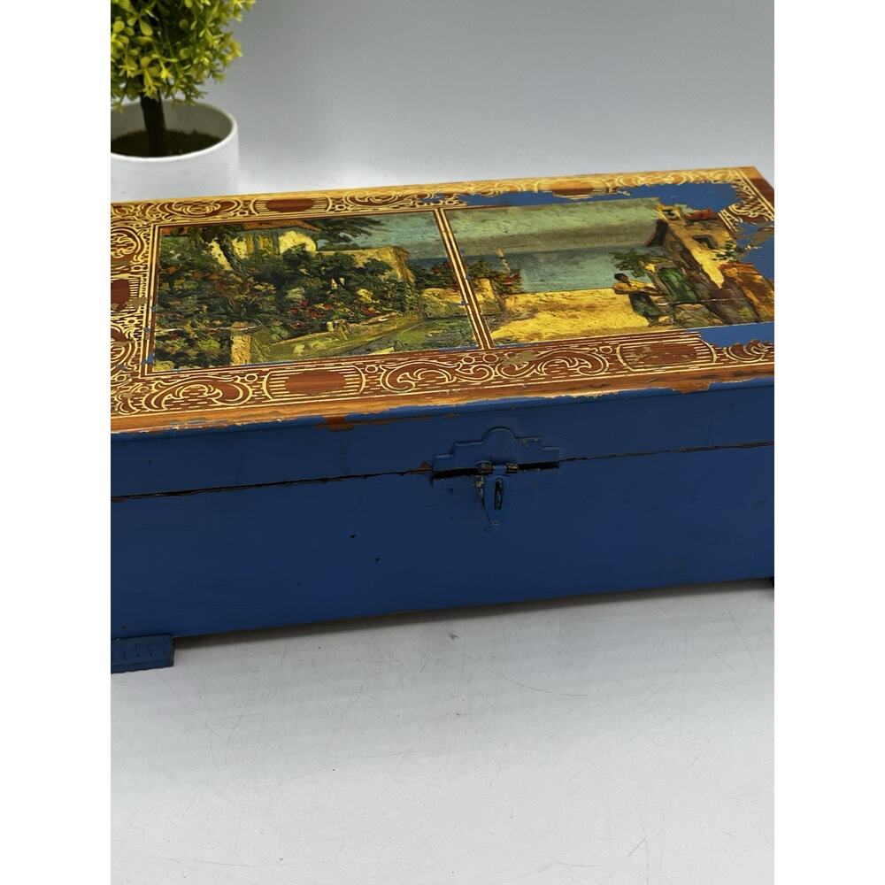 Vintage Cedar Wood Box Hinged Lid Decoupage Mediterranean Scene Blue Paint AS IS - Picture 5 of 14